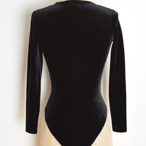 vintage 90s bodysuit black stretch velvet long sleeve grunge one piece top XS S - Picture 7 of 8
